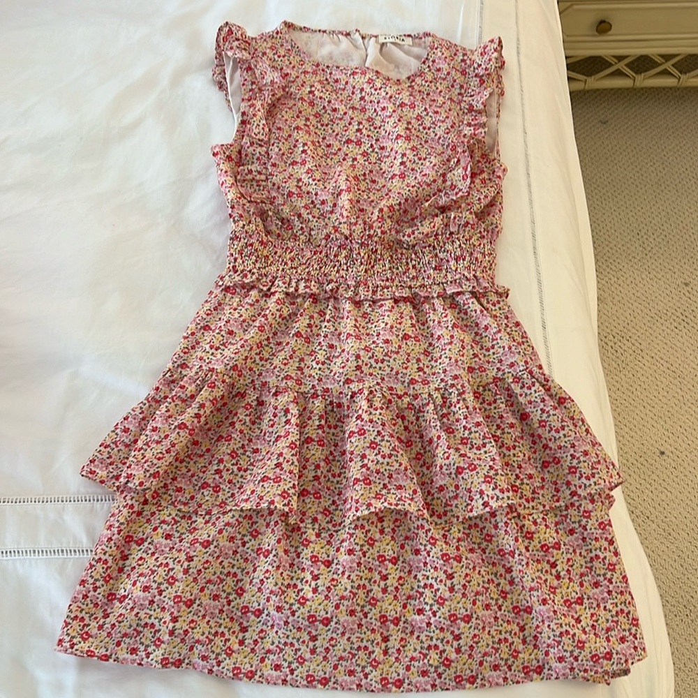 Storia multi color ruffle floral dress, size small.